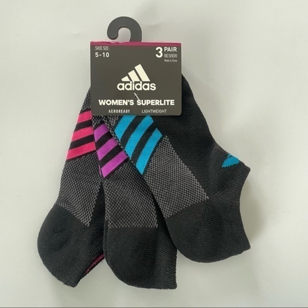 Adidas women’s no show socks black 3 pairs size 5-10 black blue pink purple